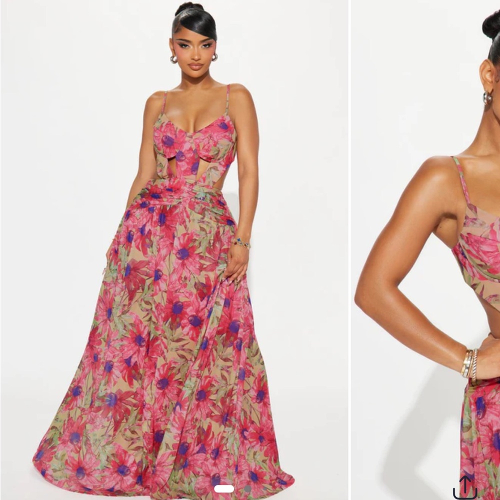 Fashion Nova Floral Mesh Maxi Dress - Pink and Purple